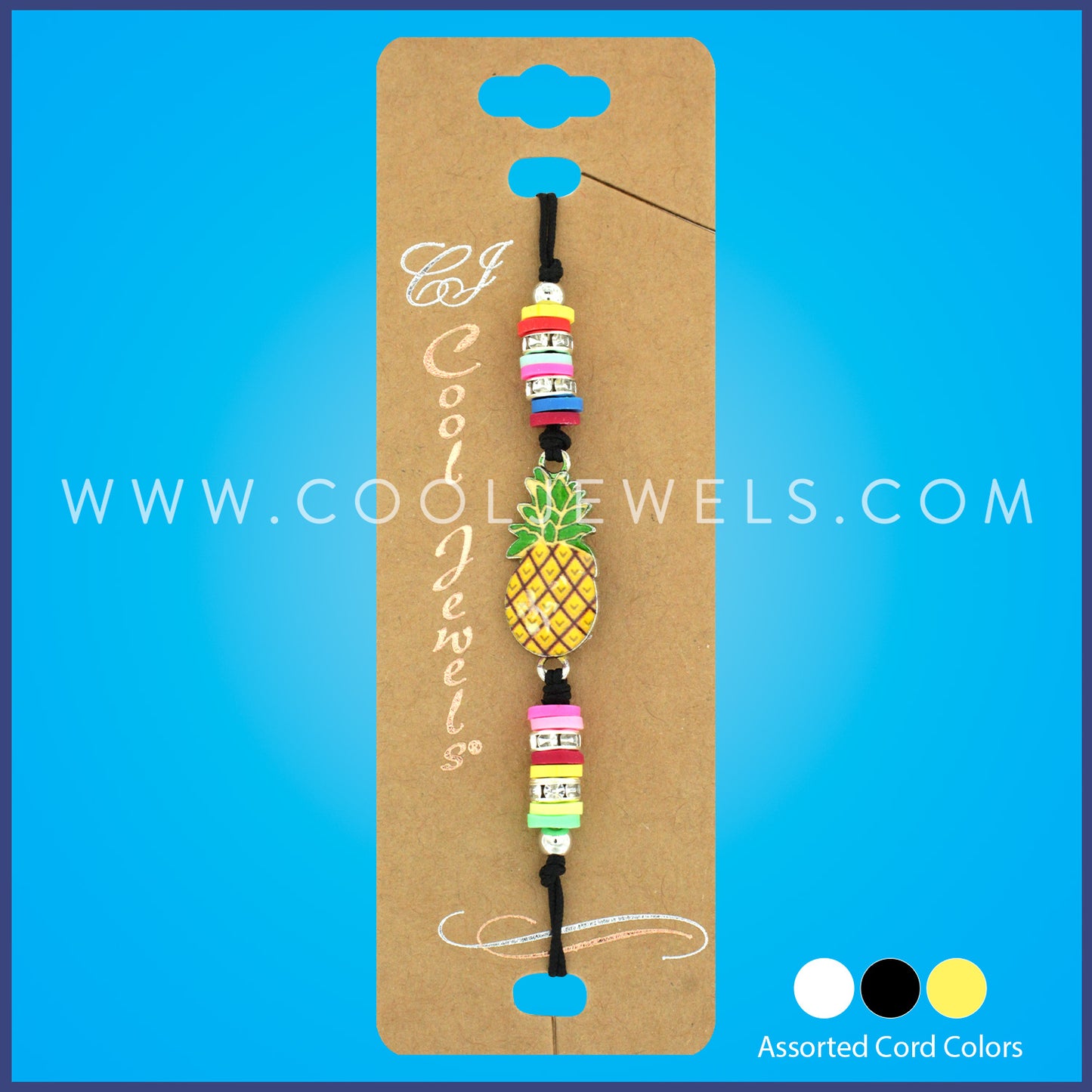 STRING SLIDER BRACELET WITH FIMO DISC & PINEAPPLE PENDANT - ASSORTED