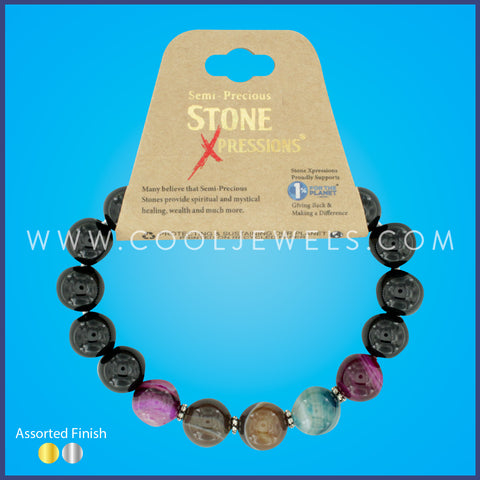 STONE XPRESSION - DOUBLE ELASTIC STRETCH BRACELET WITH  OBSIDIAN & AGATE BEADS