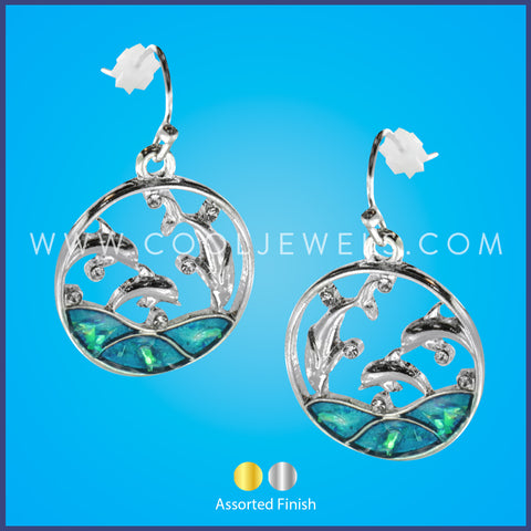 FISH HOOK EARRING WITH ROUND PENDANT WITH DOLPHINS & RHINESTONES