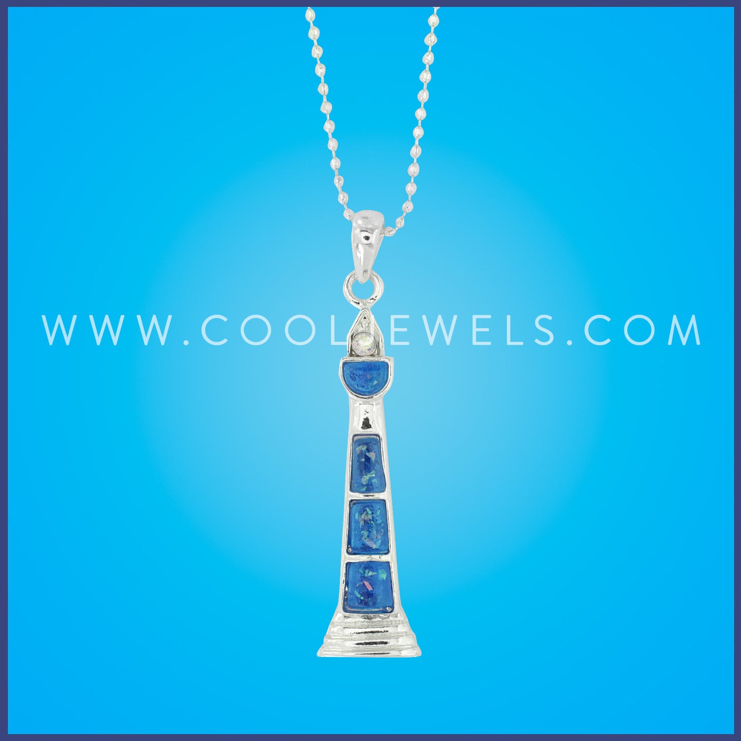 SILVER LINK CHAIN NECKLACE WITH BLUE LIGHTHOUSE PENDANT