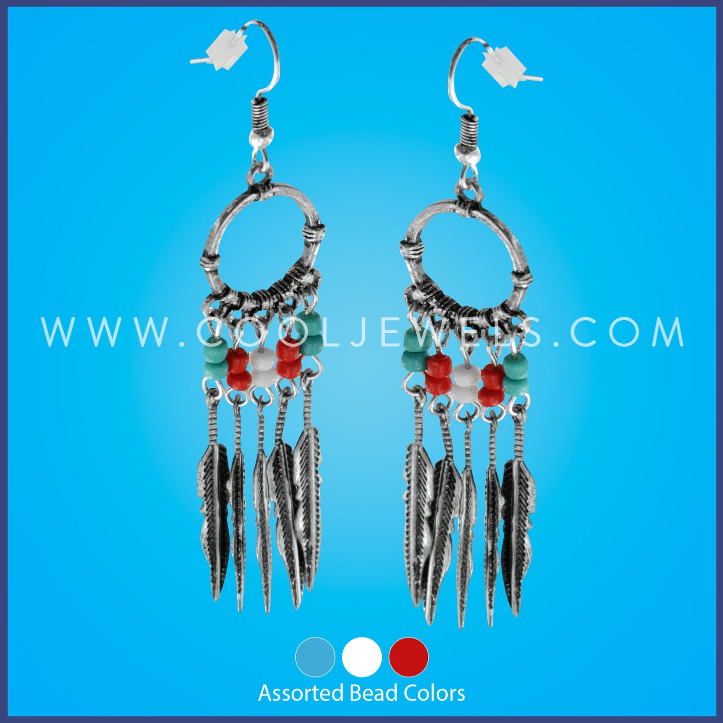 FISH HOOK EARRING WITH BEADS AND FEATHERS - ASSORTED