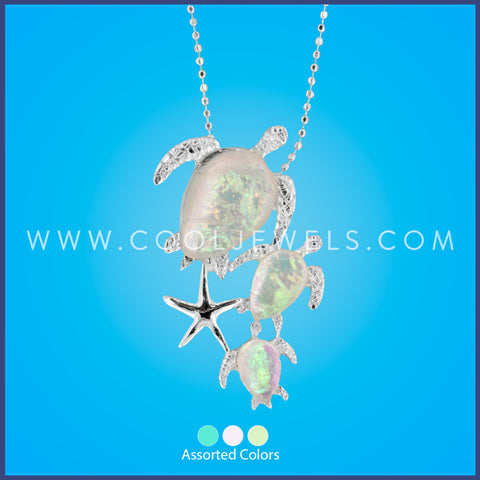 SILVER BALL CHAIN NECKLACE WITH TRIPLE COLORED TURTLE & STARFISH PENDANT - ASSORTED