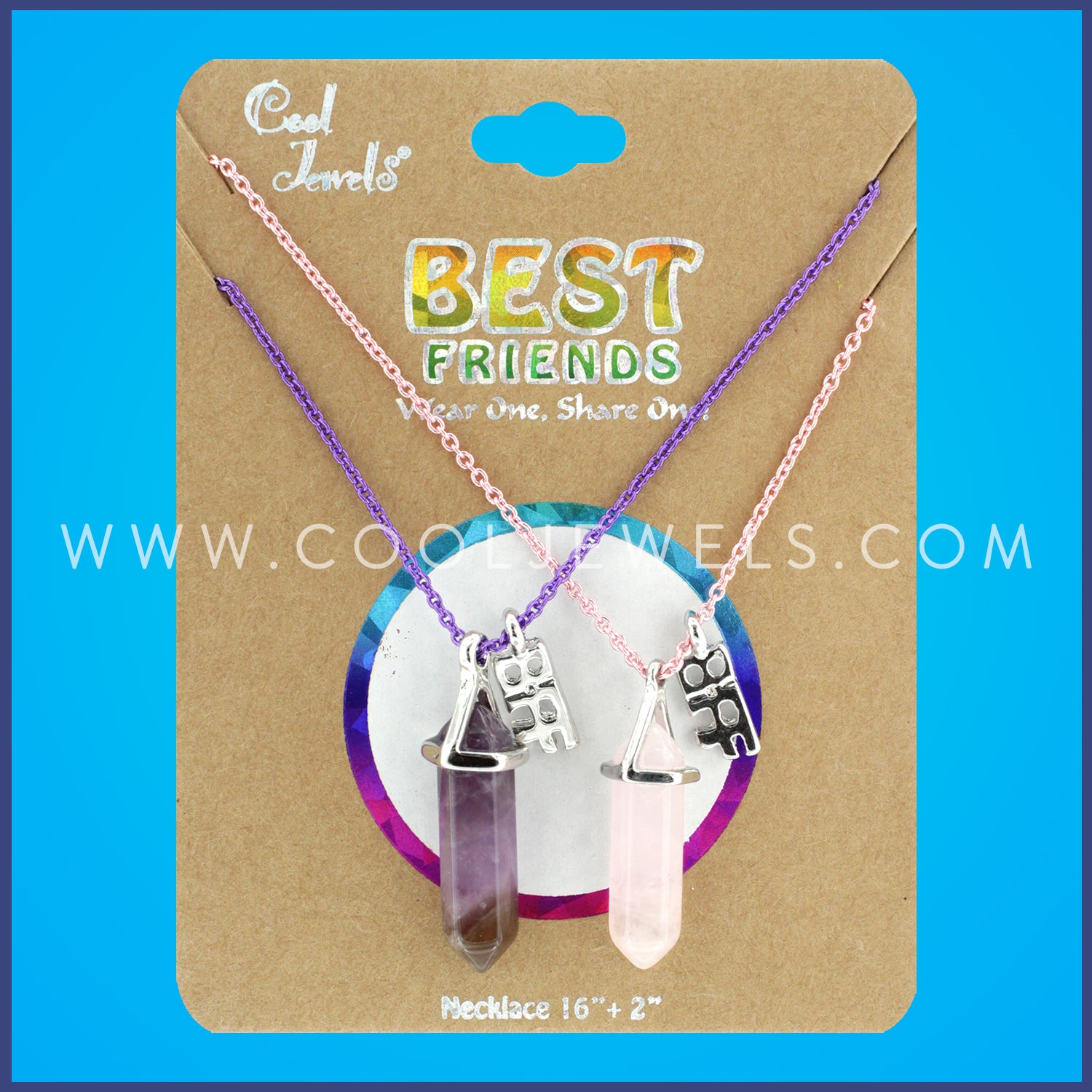 (SET OF 2 ) LINK CHAIN NECKLACE WITH AMETHYST & ROSE QUARTZ STONE "BFF" - CARDED