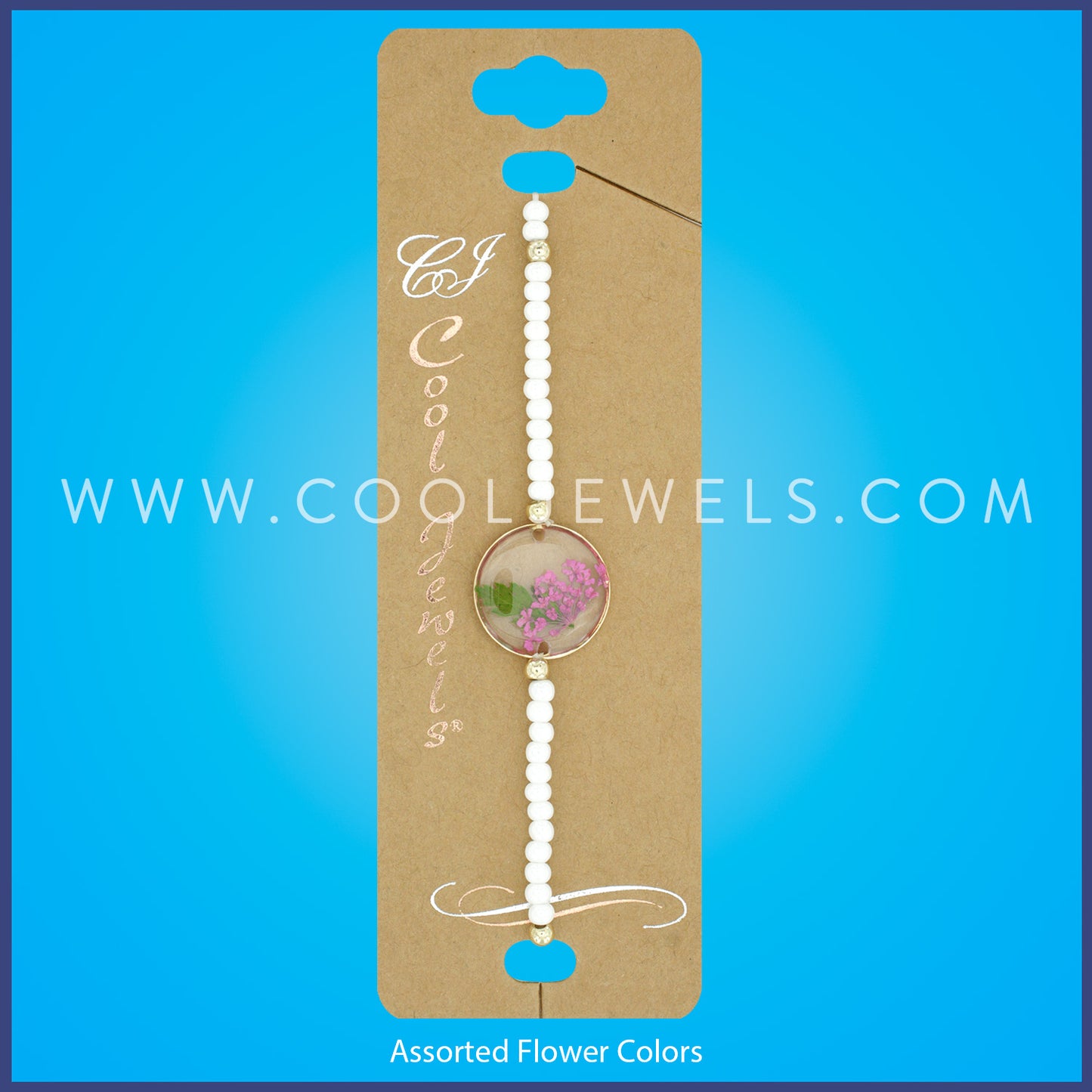 BEADED STRETCH BRACELET WITH ROUND FLOWER PENDANT ASSORTED - CARDED