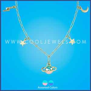 GOLD LINK CHAIN NECKLACE WITH COLORED SATURN PENDANT & GOLD STARS - ASSOTED