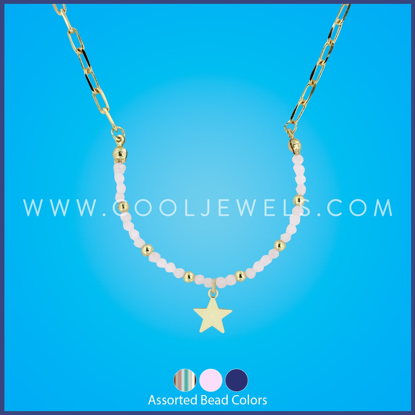 LINK CHAIN STONE BEADED NECKLACE WITH GOLD STAR PENDANT