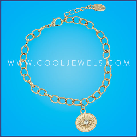 GOLD FLAT CHAIN BRACELET WITH EVIL EYE COIN CHARM