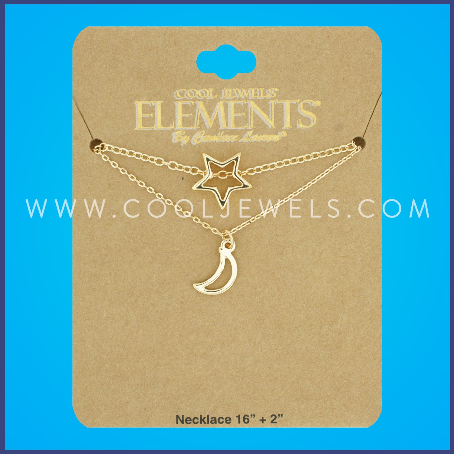 GOLD DOUBLE LAYERED CHAIN NECKLACE WITH MOON & STAR PENDANTS - CARDED