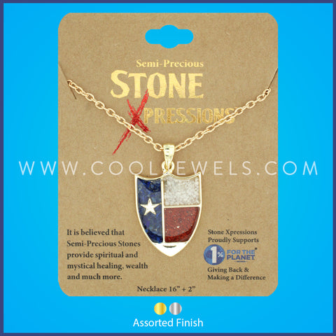 STONE X - LINK CHAIN NECKLACE WITH CRUSHED STONE TEXAS SHIELD PENDANT - CARDED