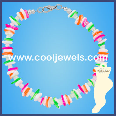 White and Neon Shell Chip Anklets