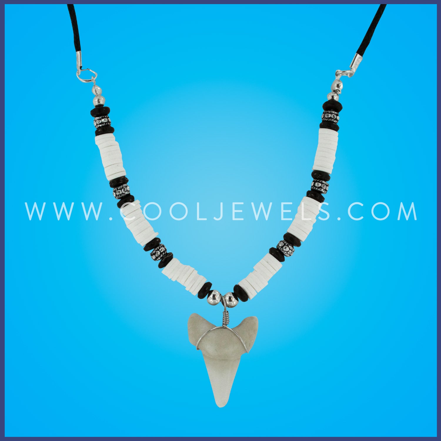 BLACK CORD NECKLACE WITH FIMO & IMITATION SHARK TOOTH PENDANT