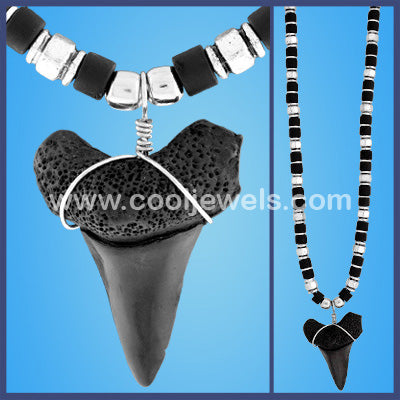 SILVER & BLACK BEADED NECKLACE WITH IMITATION TOOTH