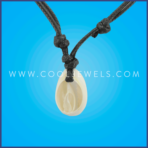 BLACK SLIDER CORD NECKLACE WITH NATURAL COWRIE SHELL PENDANT