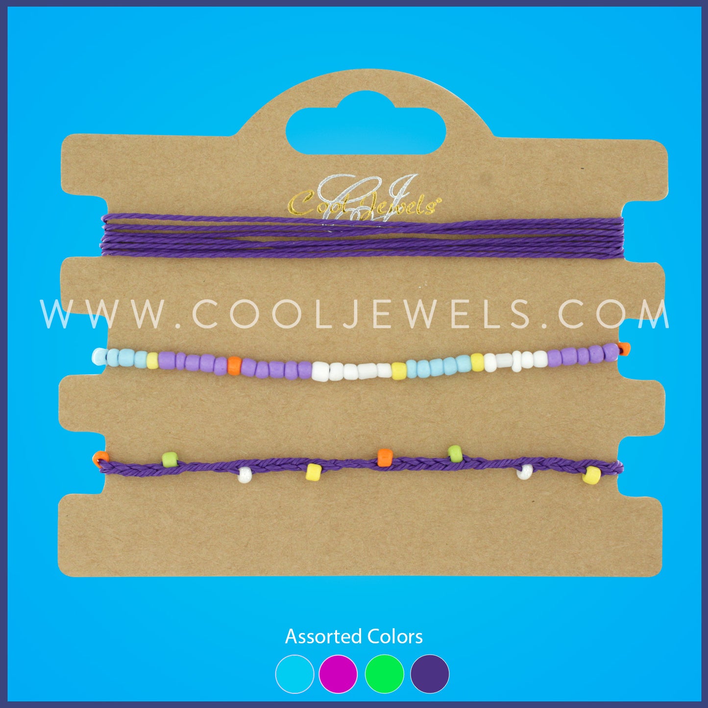 (SET OF 3) STRING BRACELET WITH ROUND COLORED BEADS - ASSORTED COLORS