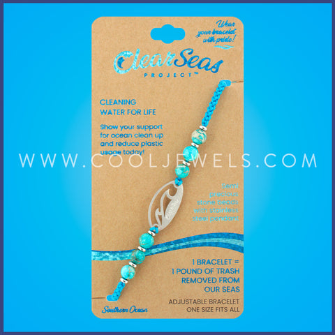 SLIDER BRACELET WITH SIX(6) TURQUOISE  BEADS AND ONE (1) "CLEAR SEAS LOGO"