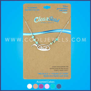 STAINLESS STEEL LINK CHAIN NECKLACE WITH STONE BEADS AND CLEAR SEAS PENDANT WITH DOLPHIN