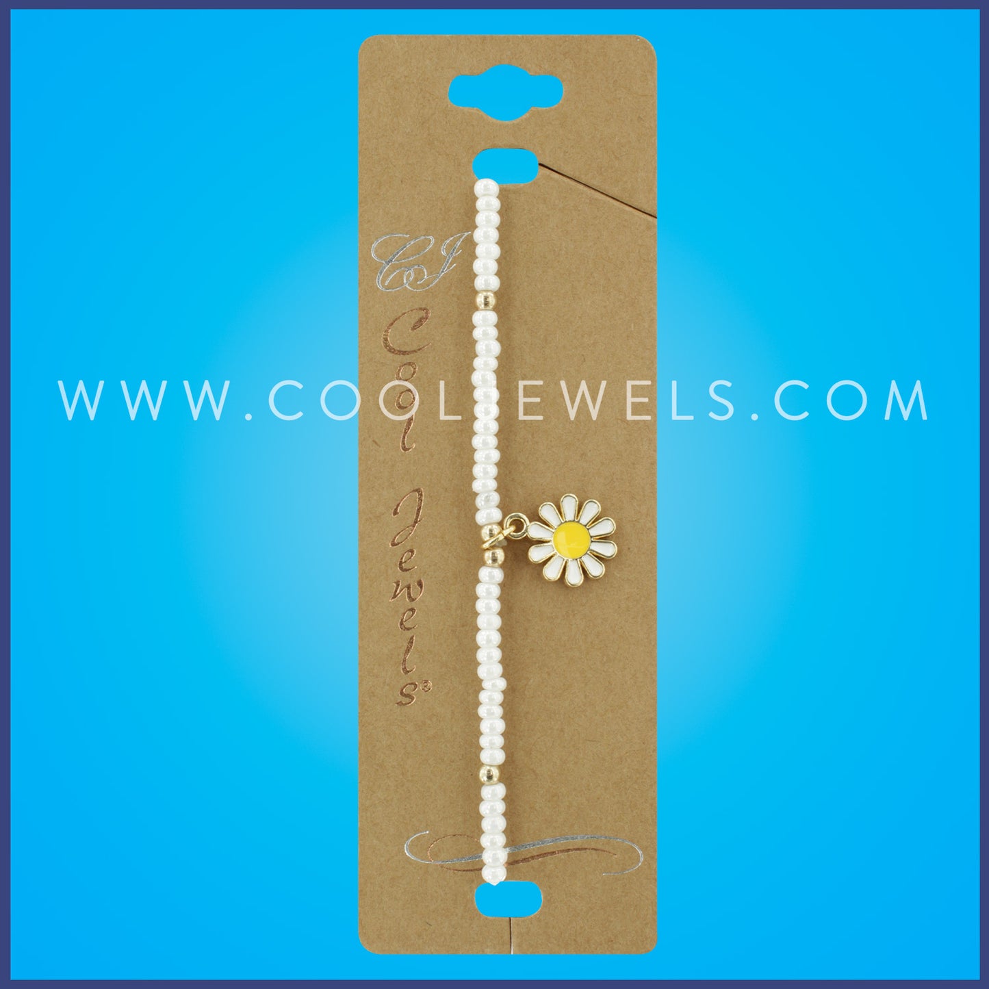 PEARL WHITE BEADED BRACELET WITH DAISY PENDANT