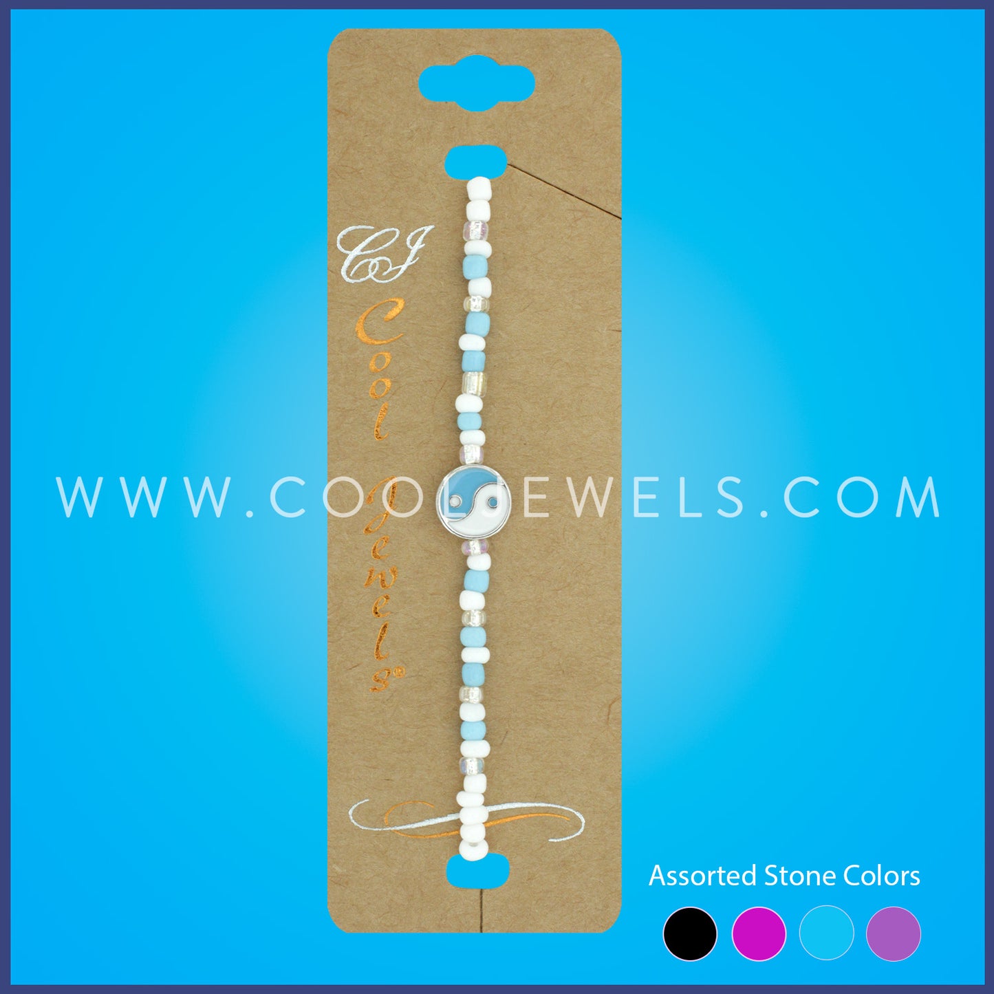 STRETCH BRACELET WITH WHITE & COLORED BEADS & YIN YANG PENDANT - ASSORTED