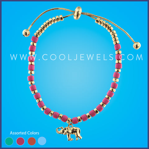 CHAIN SLIDER BRACELET WITH BEADS AND GOLD  ELEPHANT PENDANT