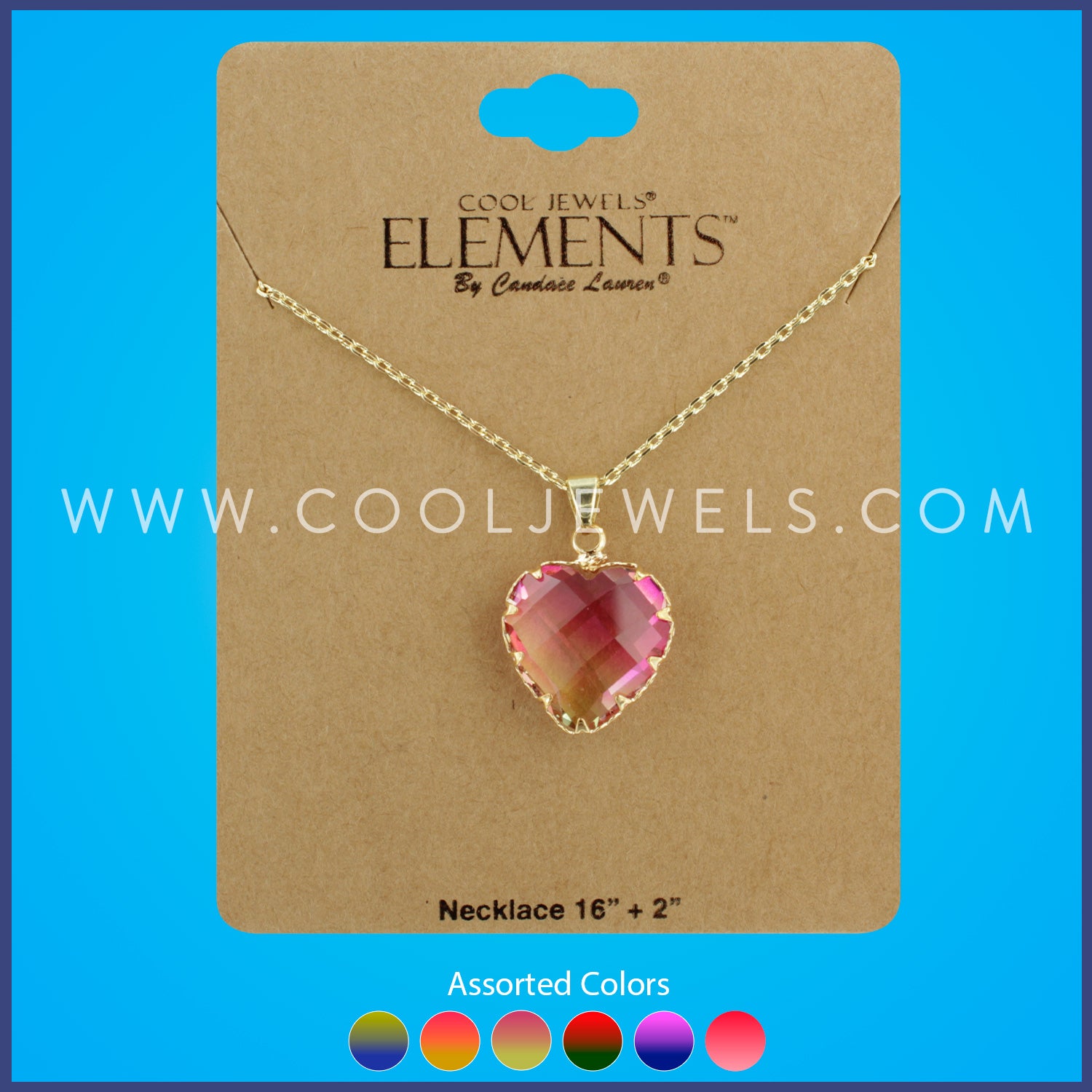 CHAIN NECKLACE WITH FACETED HEART PENDANT ASSORTED COLORS - CARDED