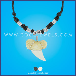 BLACK SLIDER CORD NECKLACE WITH BEADS & RESIN TOOTH PENDANT