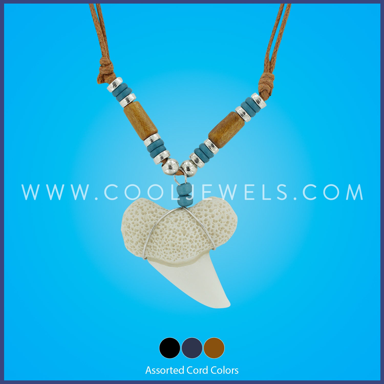 SLIDER CORD NECKLACE WITH BLACK WOOD  TUBE, BLUE WOOD BEADS & MAKO RESIN SHARK TOOTH PENDANT
