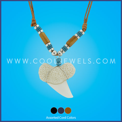 SLIDER CORD NECKLACE WITH BLACK WOOD  TUBE, BLUE WOOD BEADS & MAKO RESIN SHARK TOOTH PENDANT