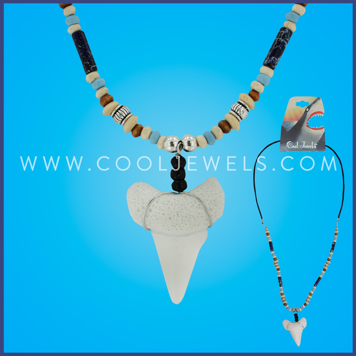 BLACK CORD NECKLACE WITH BLUE TUBES & BEADS & IMITATION WIRE WRAPPED TOOTH