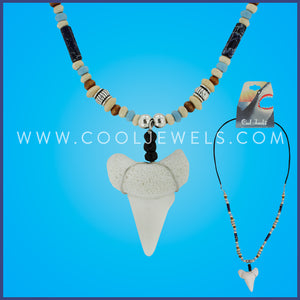 BLACK CORD NECKLACE WITH BLUE TUBES & BEADS & IMITATION WIRE WRAPPED TOOTH
