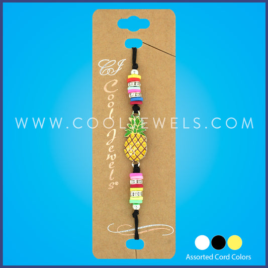 STRING SLIDER BRACELET WITH FIMO DISC & PINEAPPLE PENDANT - ASSORTED