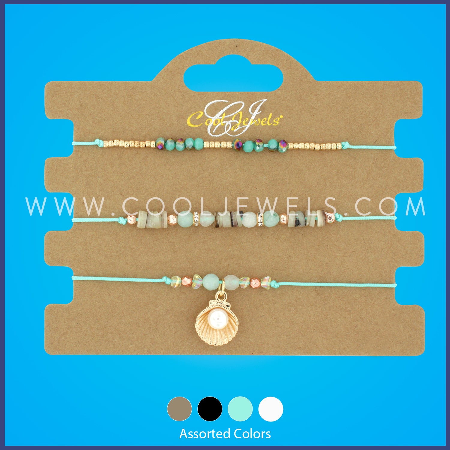 (SET OF 3) STRING BRACELET WITH CRYSTAL & ROUND BEADS & SHELL PENDANT WITH PEARL - ASSORTED