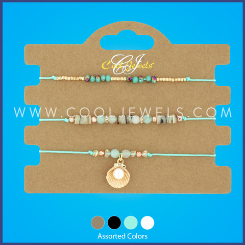 (SET OF 3) STRING BRACELET WITH CRYSTAL & ROUND BEADS & SHELL PENDANT WITH PEARL - ASSORTED