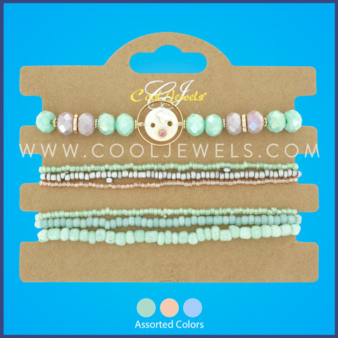 (SET) MULTI-STRAND BEADED BRACELET WITH CRYSTAL & ROUND BEADS & DISC PENDANT - ASSORTED