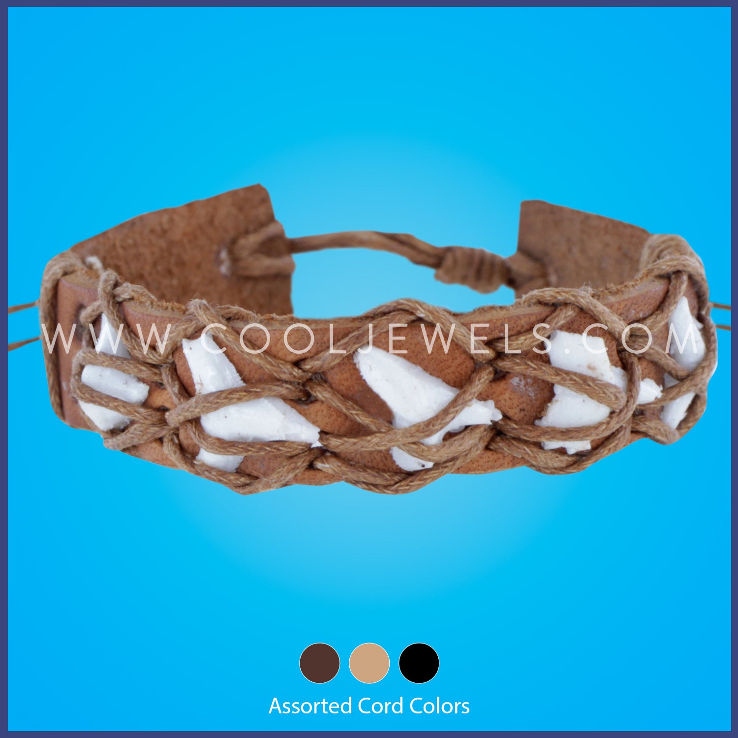LEATHER SLIDER BRACELET WITH IMITATION SHARK TEETH AND 'X' DESIGN - ASSORTED COLORS
