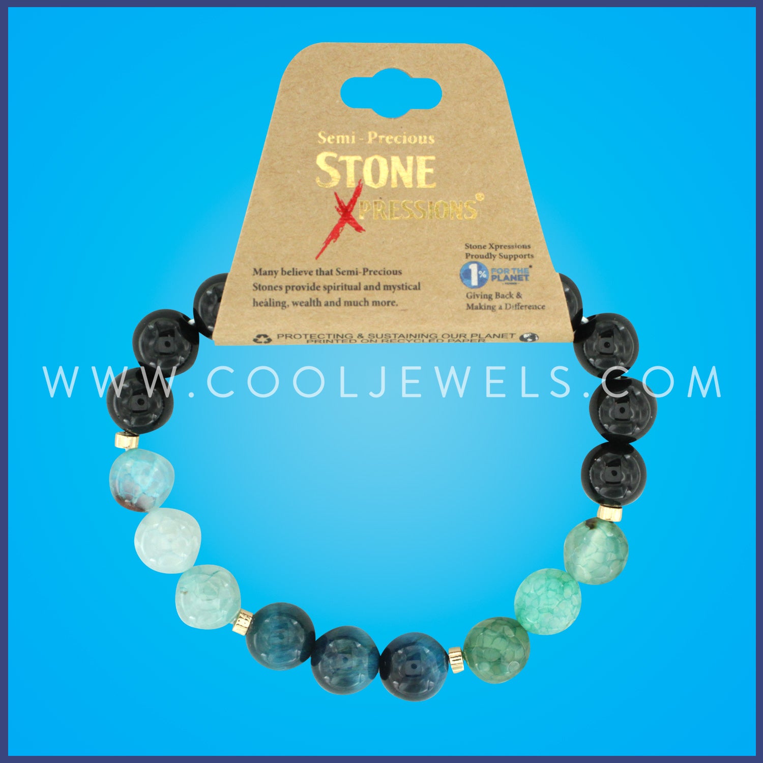 DOUBLE ELASTIC STRETCH BRACELET WITH OBSIDIAN, TIGER EYE, & AGATE BEADS