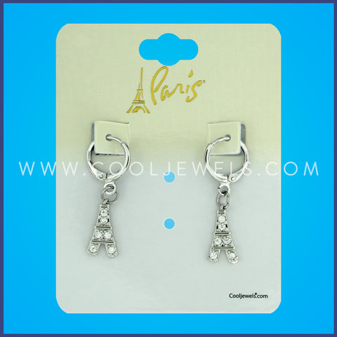 HUGGIE HOOP EARRINGS WITH RHINESTONE EIFFEL TOWER PENDANTS