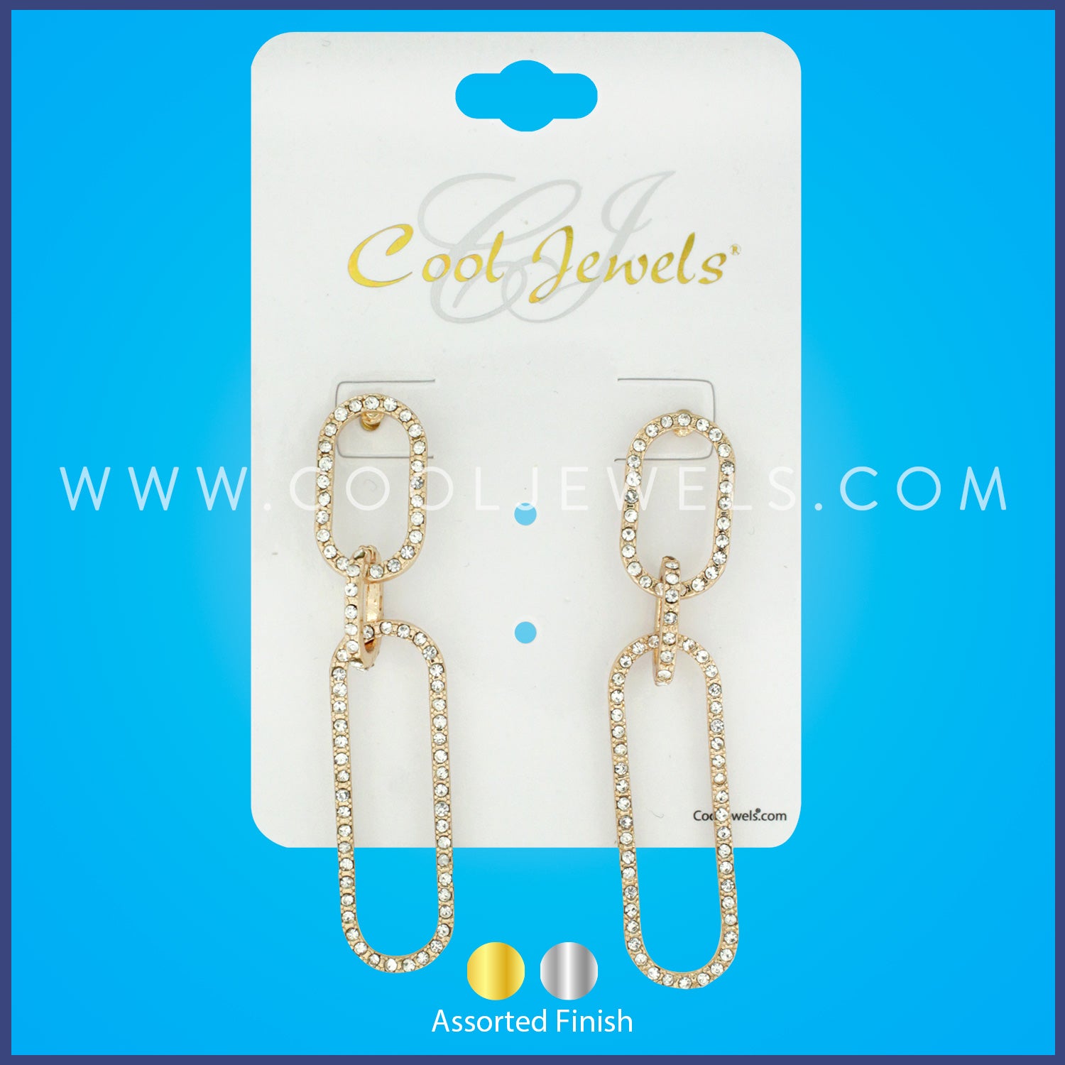 POST EARRING WITH  3 CONNECTED RHINESTONE PAPERCLIP SECTIONS - ASSORTED