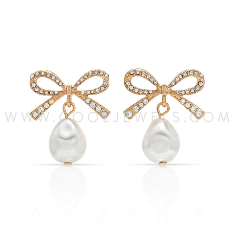 GOLD POST EARRING WITH RHINESTONE BOW AND PEARL BEAD