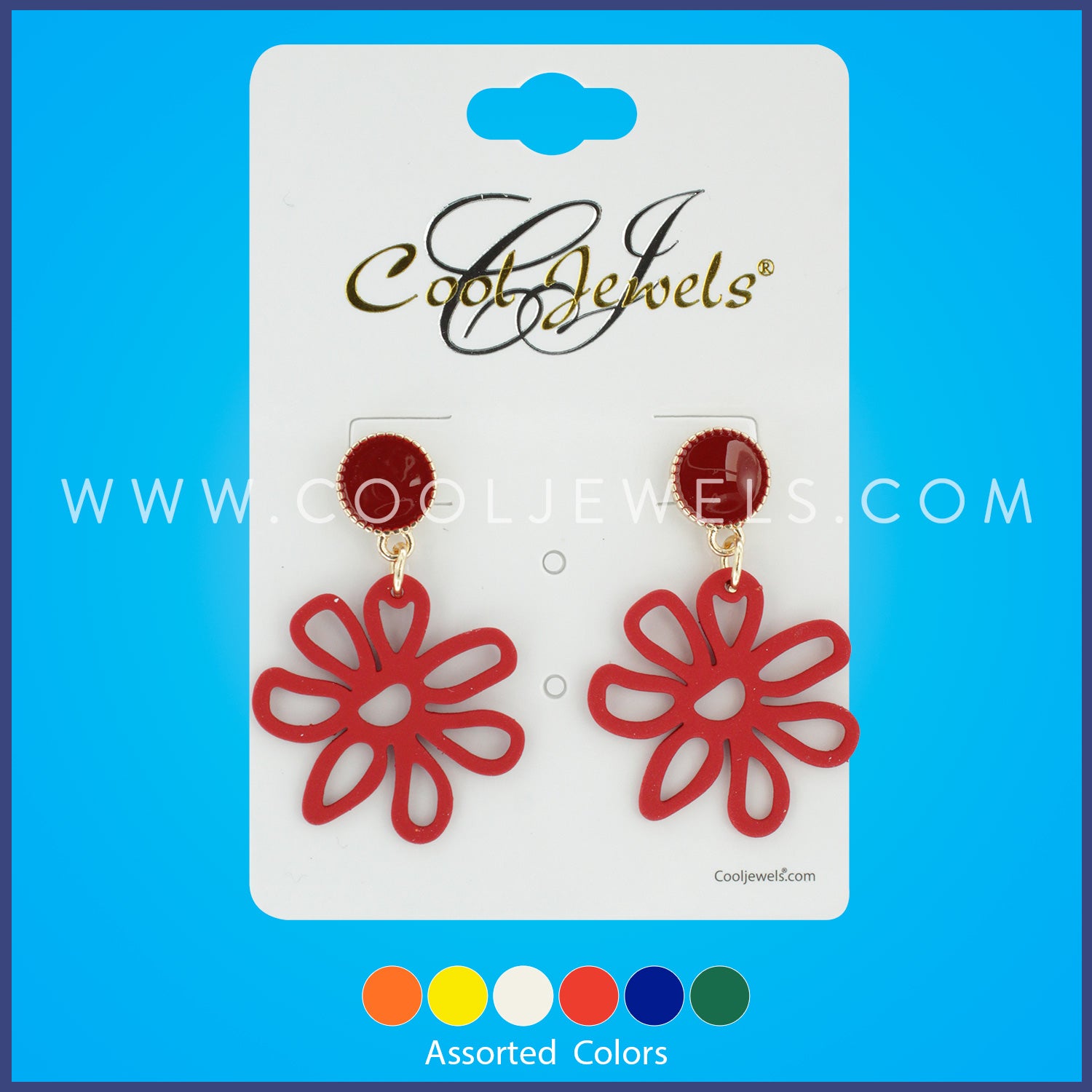 GOLD POST EARRIGN WITH COLORED FLOWER PENDANT - ASSORTED