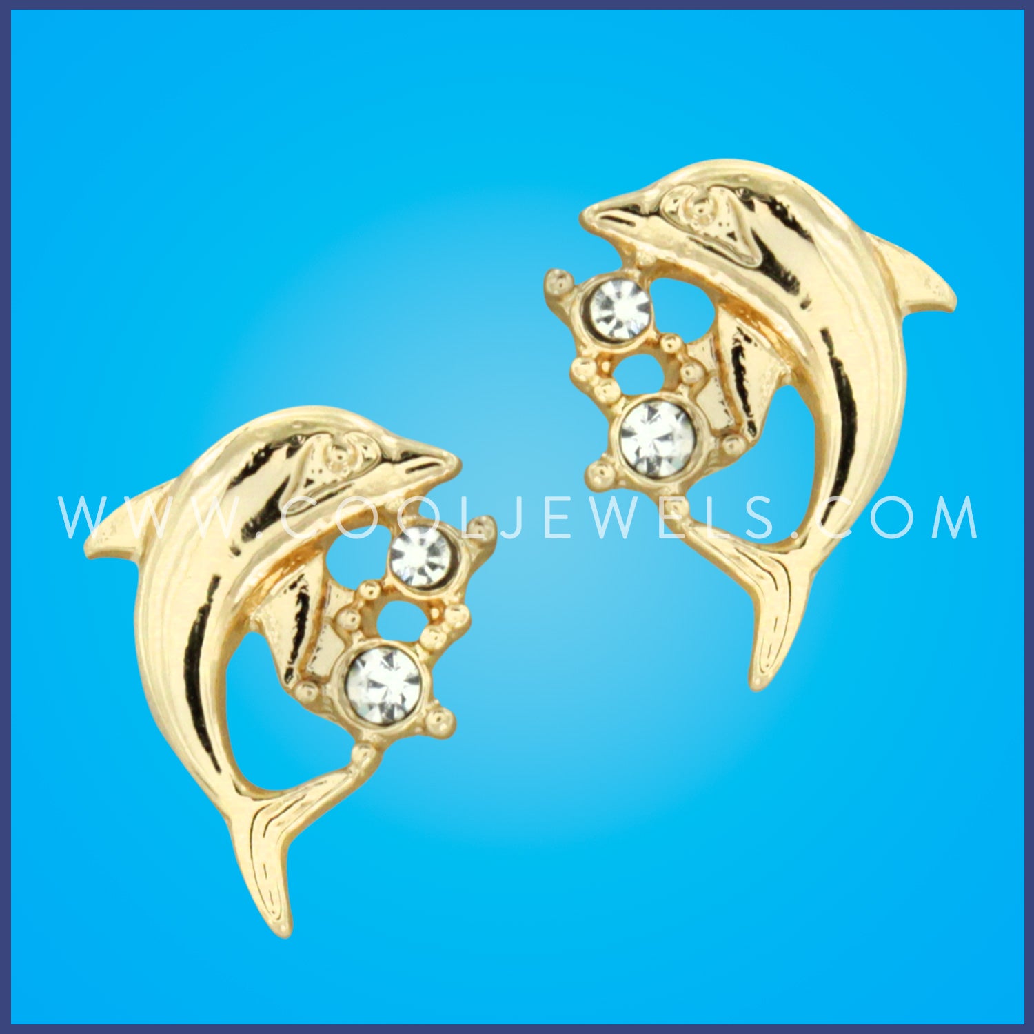 GOLD POST EARRING WITH DOLPHIN & RHINESTONES