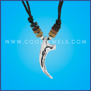 BLACK SLIDER CORD NECKLACE WITH WOOD DISCS & CLAW PENDANT