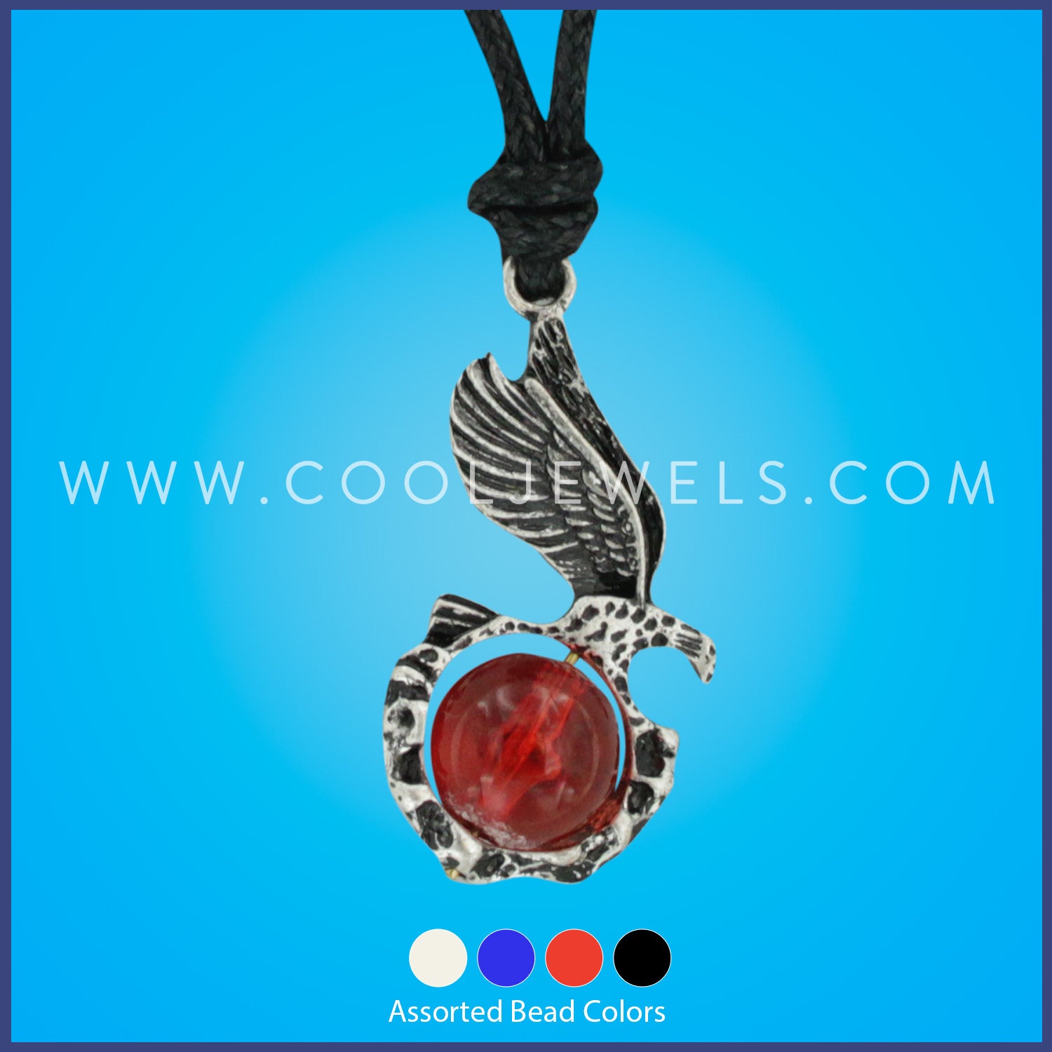 SLIDER CORD NECKLACE WITH EAGLE & GLASS BALL PENDANT - ASSORTED