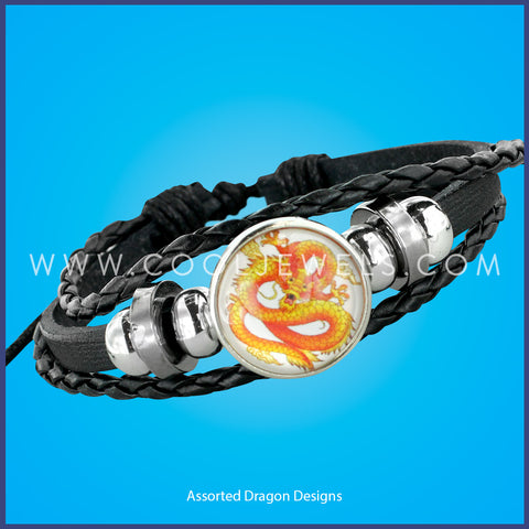 BLACK LEATHER & BRAIDED SLIDER BRACELET WITH DRAGON DISC PENDANT - ASSORTED