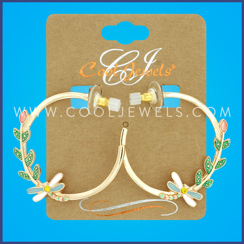GOLD HOOP EARRING WITH DRAGONFLY & LEAVES