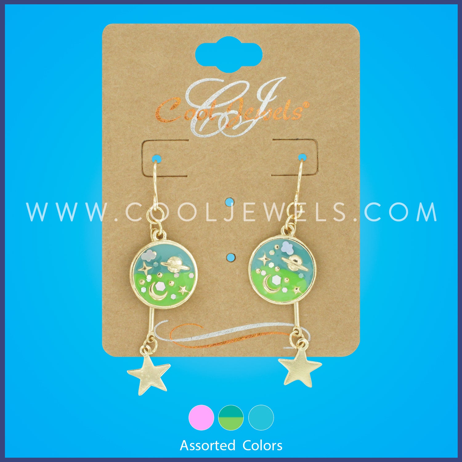 GOLD FISH HOOK EARRING WITH ROUND SPACE PENDANT WITH DANGLING STARS OR PLANETS - ASSORTED