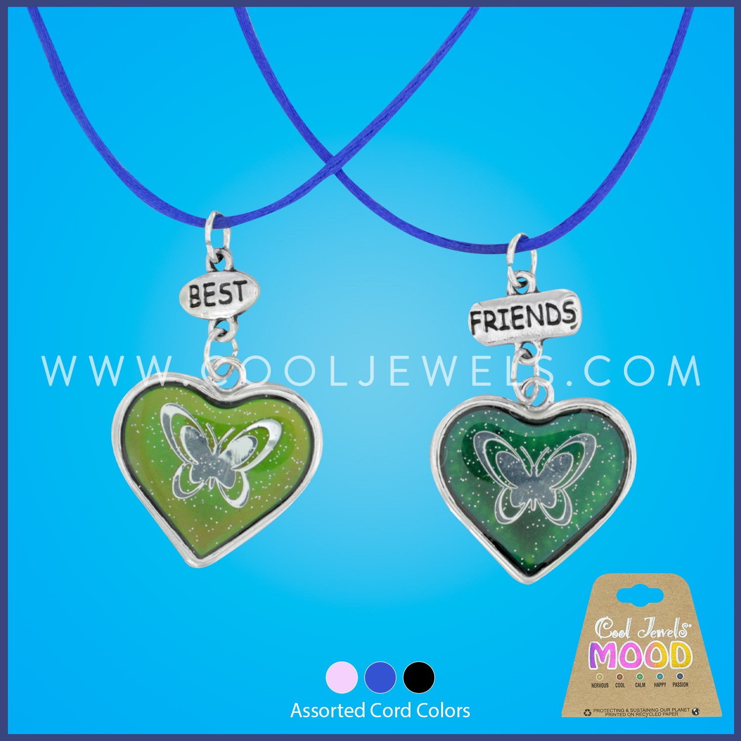 (SET OF 2) CORD NECKLACE WITH GLITTER MOOD & BUTTERFLY "BEST FRIENDS "HEART-SHAPED PENDANT