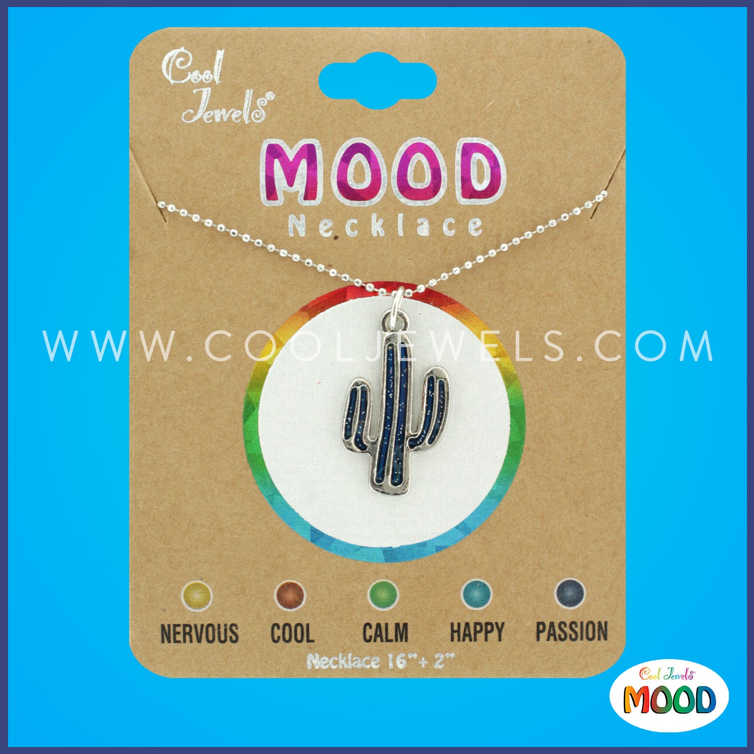 SILVER BALL CHAIN NECKLACE WITH MOOD CACTUS - CARDED