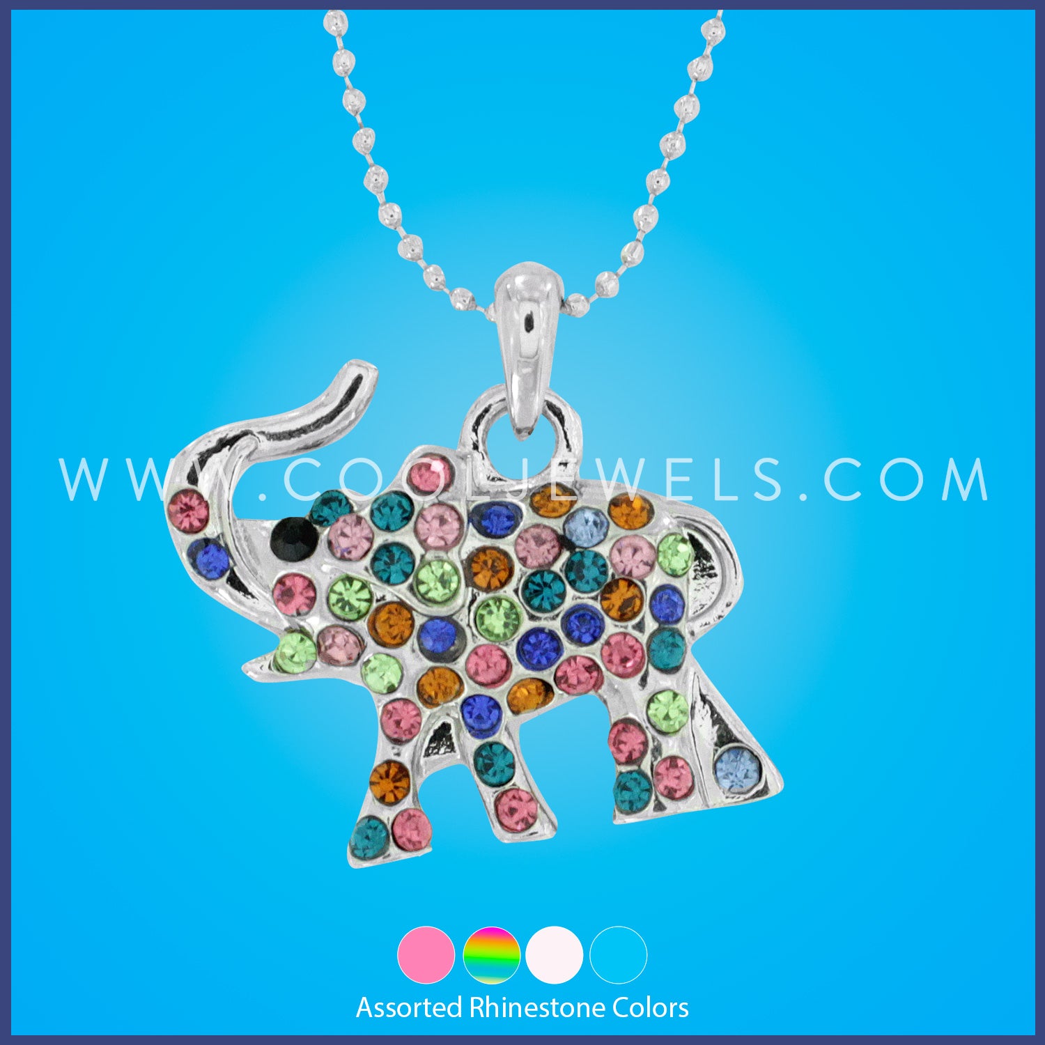 SILVER BALL CHAIN NECKLACE WITH RHINESTONE ELEPHANT - ASSORTED