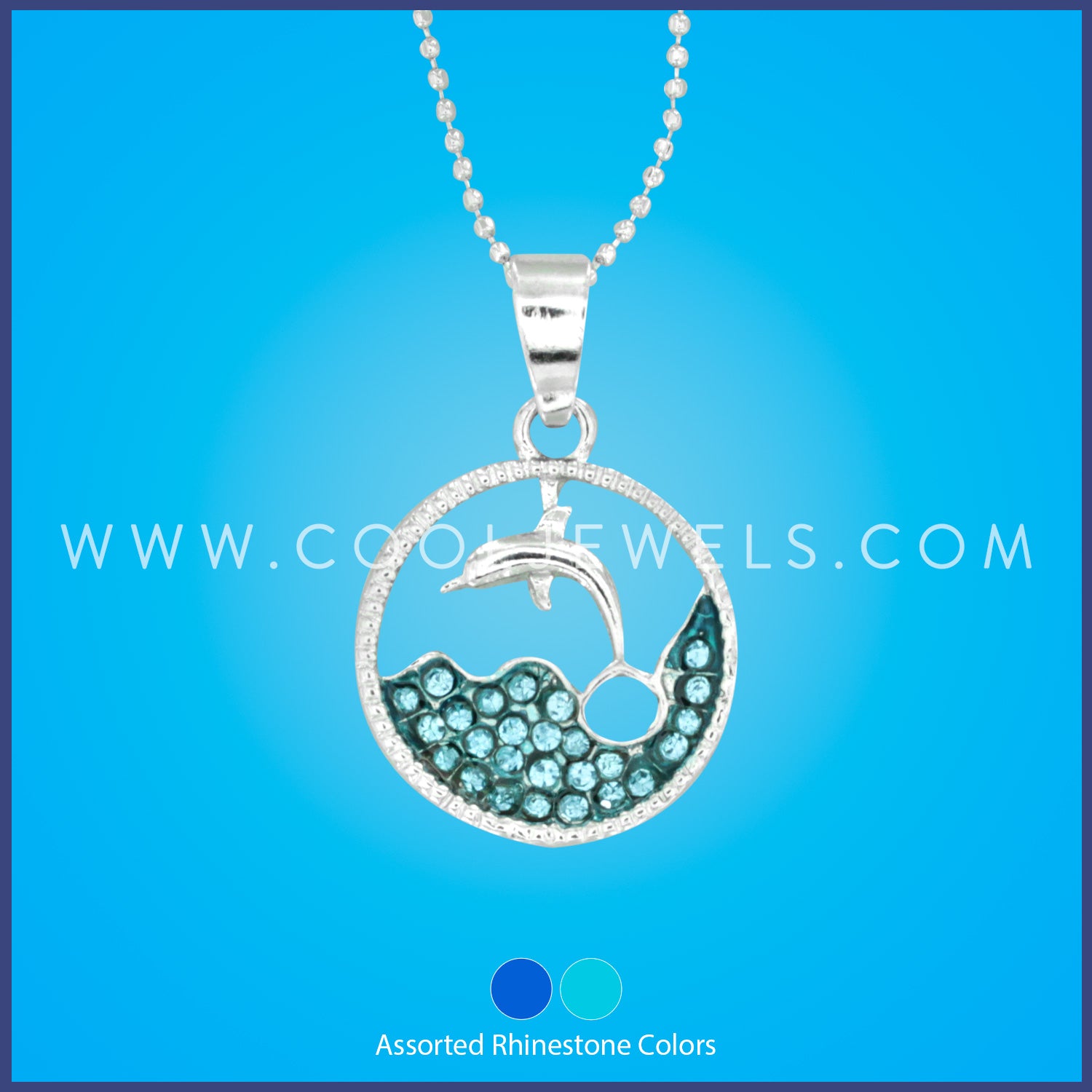 SILVER BALL CHAIN NECKLACE WITH DOLPHIN & RHINESTONE OCEAN - ASSORTED