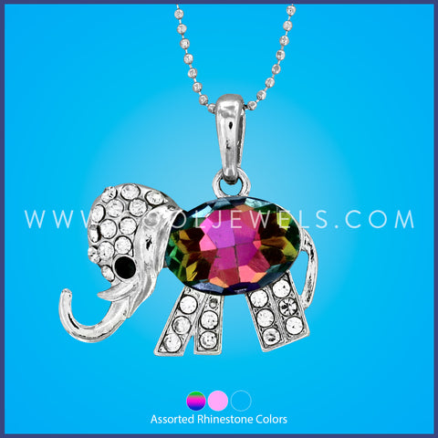 SILVER BALL CHAIN NECKLACE WITH CRYSTAL & RHINESTONE ELEPHANT - ASSORTED